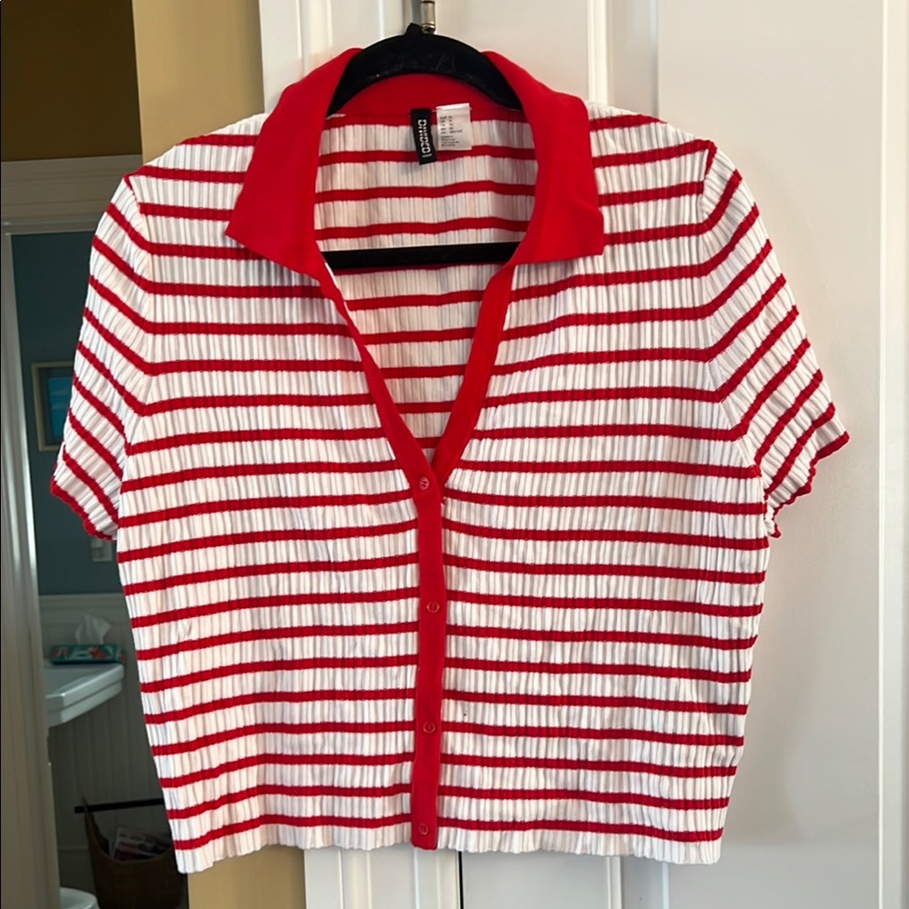 Red and White Striped Button-Up Top